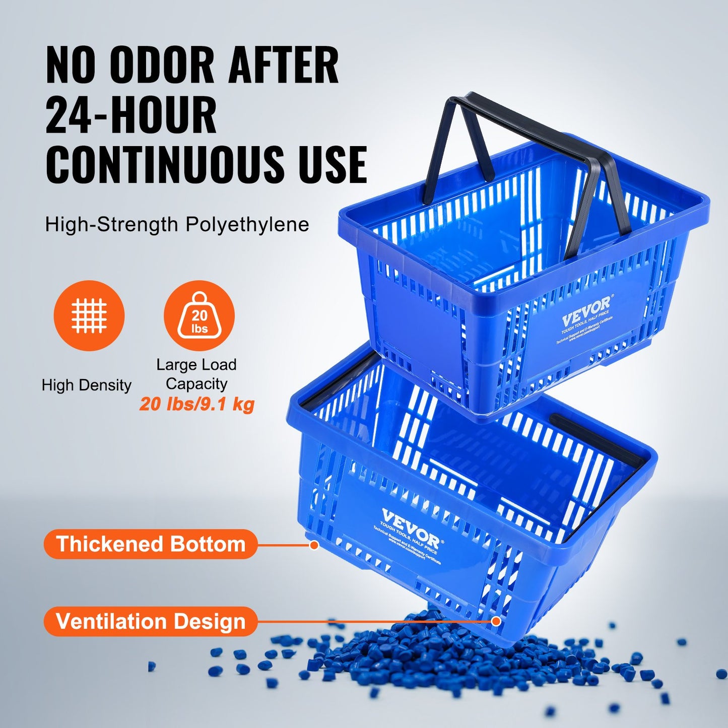 Einkaufskorb-Set, 12er-Pack, 24 l, robuster Kunststoffkorb mit Griff und Ständer, 42,5 x 29,5 x 22,5 cm, tragbarer Einkaufskorb für Einzelhandel, Supermärkte und Lebensmittelgeschäfte, Blau