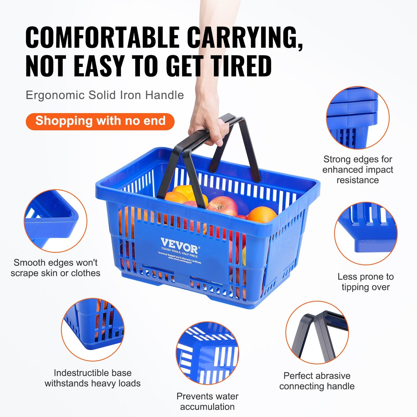 Einkaufskorb-Set, 12er-Pack, 24 l, robuster Kunststoffkorb mit Griff und Ständer, 42,5 x 29,5 x 22,5 cm, tragbarer Einkaufskorb für Einzelhandel, Supermärkte und Lebensmittelgeschäfte, Blau