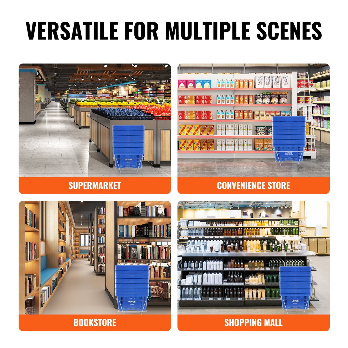 Einkaufskorb-Set, 12er-Pack, 24 l, robuster Kunststoffkorb mit Griff und Ständer, 42,5 x 29,5 x 22,5 cm, tragbarer Einkaufskorb für Einzelhandel, Supermärkte und Lebensmittelgeschäfte, Blau