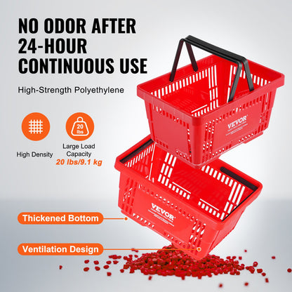 Shopping Basket, Set of 12, 24L Durable Plastic Grocery Basket with Handle and Stand, 16.73 x 11.61 x 8.86 inch Portable Shop Basket Bulk Used for Retail Store Supermarket Grocery Shopping, Red