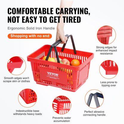 Shopping Basket, Set of 12, 24L Durable Plastic Grocery Basket with Handle and Stand, 16.73 x 11.61 x 8.86 inch Portable Shop Basket Bulk Used for Retail Store Supermarket Grocery Shopping, Red