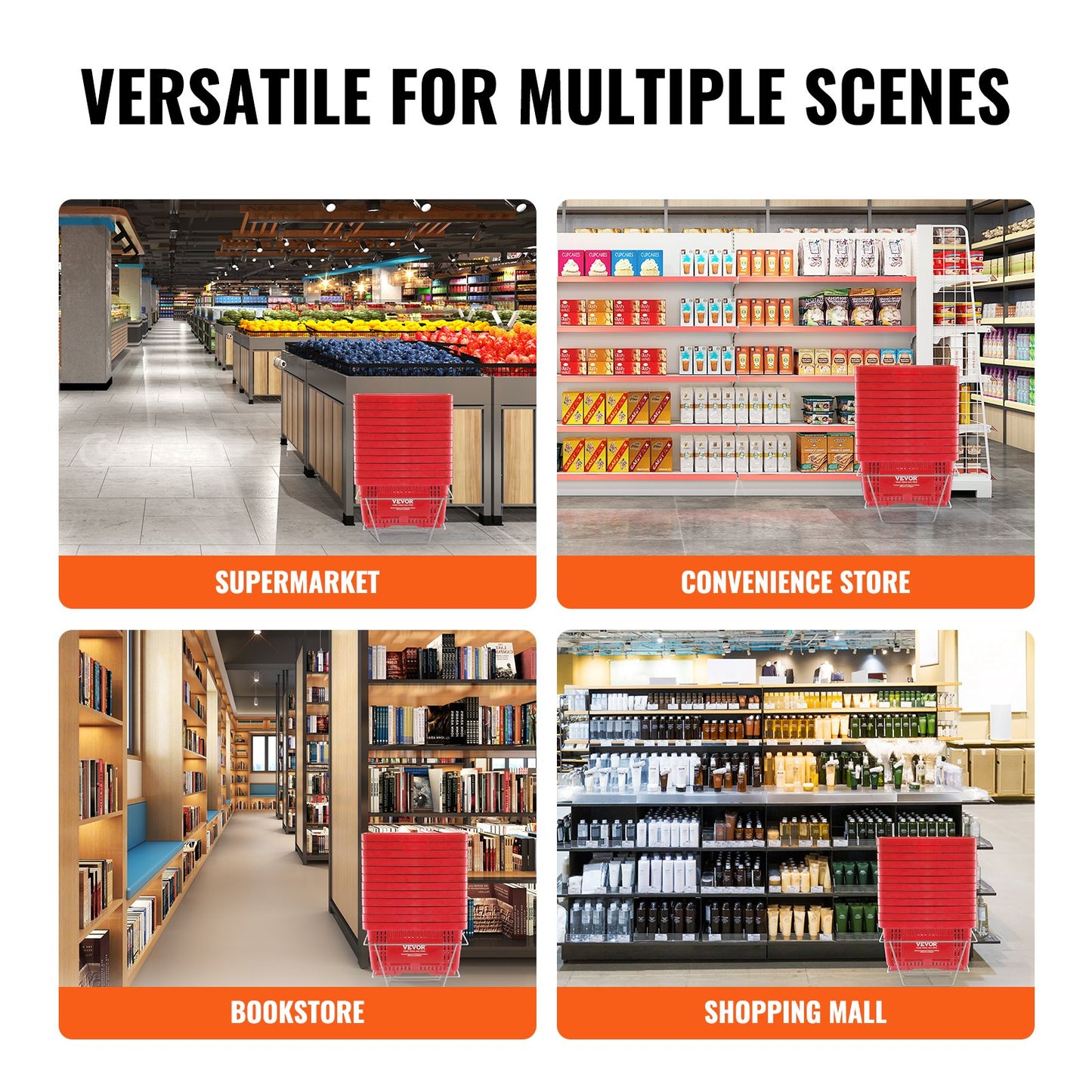 Shopping Basket, Set of 12, 24L Durable Plastic Grocery Basket with Handle and Stand, 16.73 x 11.61 x 8.86 inch Portable Shop Basket Bulk Used for Retail Store Supermarket Grocery Shopping, Red