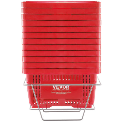 Shopping Basket, Set of 12, 24L Durable Plastic Grocery Basket with Handle and Stand, 16.73 x 11.61 x 8.86 inch Portable Shop Basket Bulk Used for Retail Store Supermarket Grocery Shopping, Red
