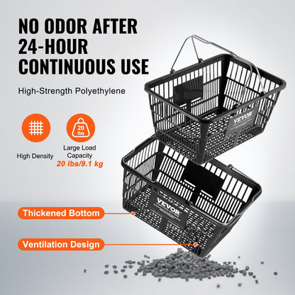 Einkaufskorb-Set, 12er-Pack, 21 l, robuster Kunststoffkorb mit Metallgriff und Ständer, 42,5 x 30,5 x 21,8 cm, tragbarer Einkaufskorb für Einzelhandel, Supermarkt, Lebensmitteleinkauf, Schwarz