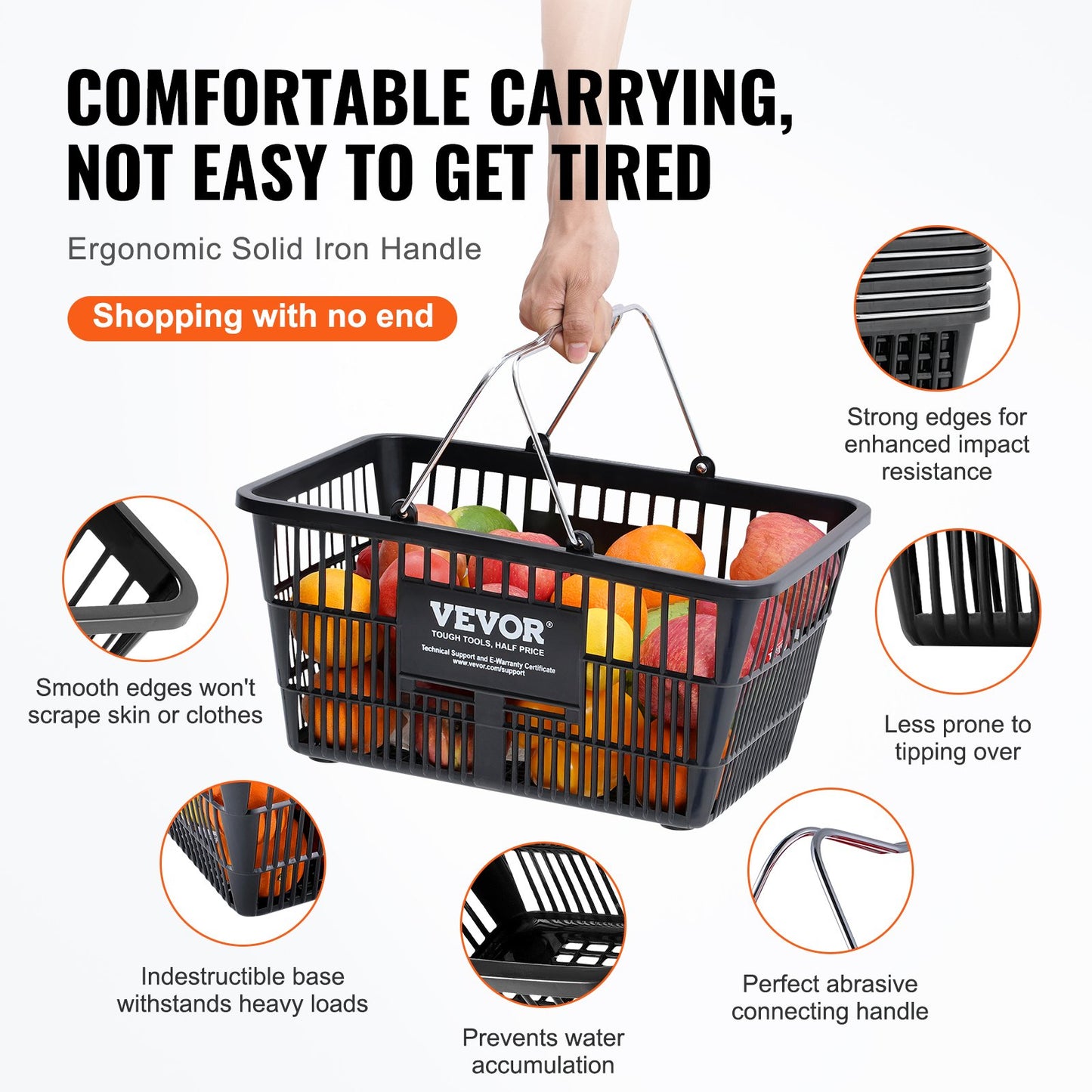 Einkaufskorb-Set, 12er-Pack, 21 l, robuster Kunststoffkorb mit Metallgriff und Ständer, 42,5 x 30,5 x 21,8 cm, tragbarer Einkaufskorb für Einzelhandel, Supermarkt, Lebensmitteleinkauf, Schwarz