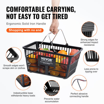 Einkaufskorb-Set, 12er-Pack, 21 l, robuster Kunststoffkorb mit Metallgriff und Ständer, 42,5 x 30,5 x 21,8 cm, tragbarer Einkaufskorb für Einzelhandel, Supermarkt, Lebensmitteleinkauf, Schwarz