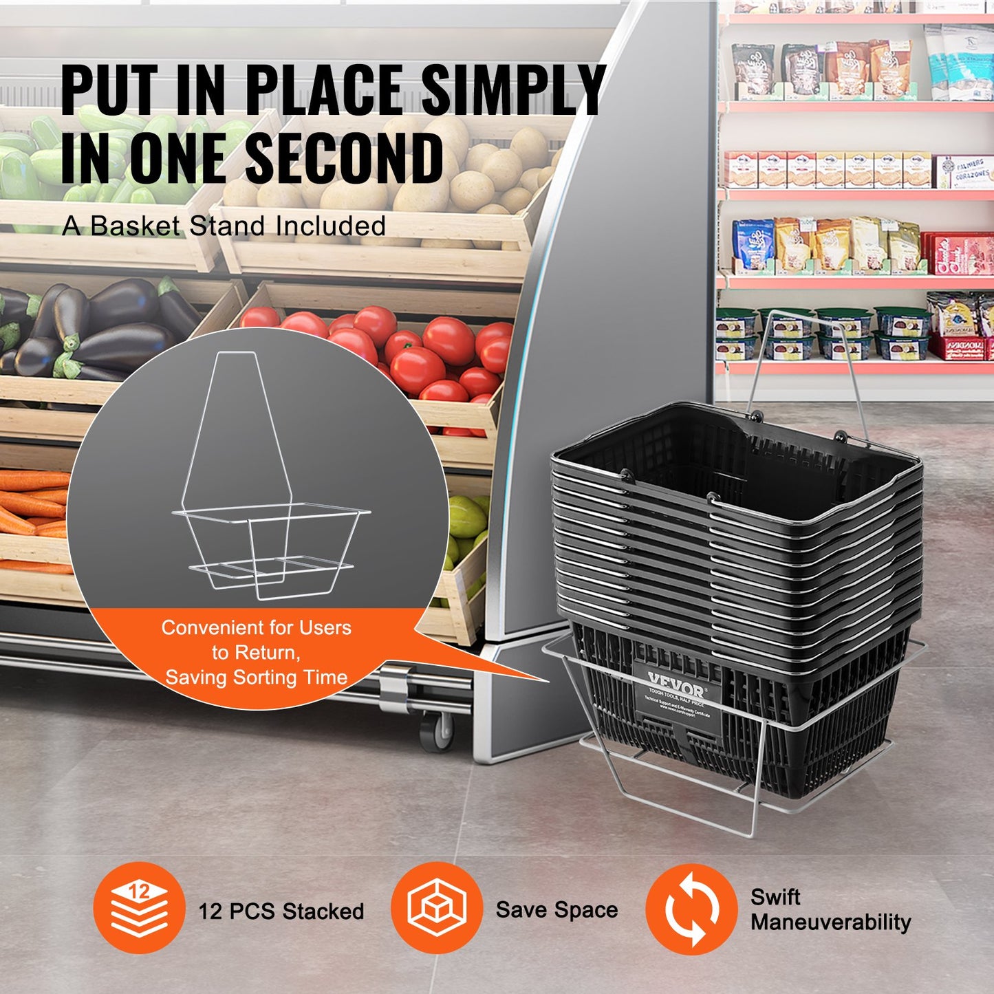 Einkaufskorb-Set, 12er-Pack, 21 l, robuster Kunststoffkorb mit Metallgriff und Ständer, 42,5 x 30,5 x 21,8 cm, tragbarer Einkaufskorb für Einzelhandel, Supermarkt, Lebensmitteleinkauf, Schwarz