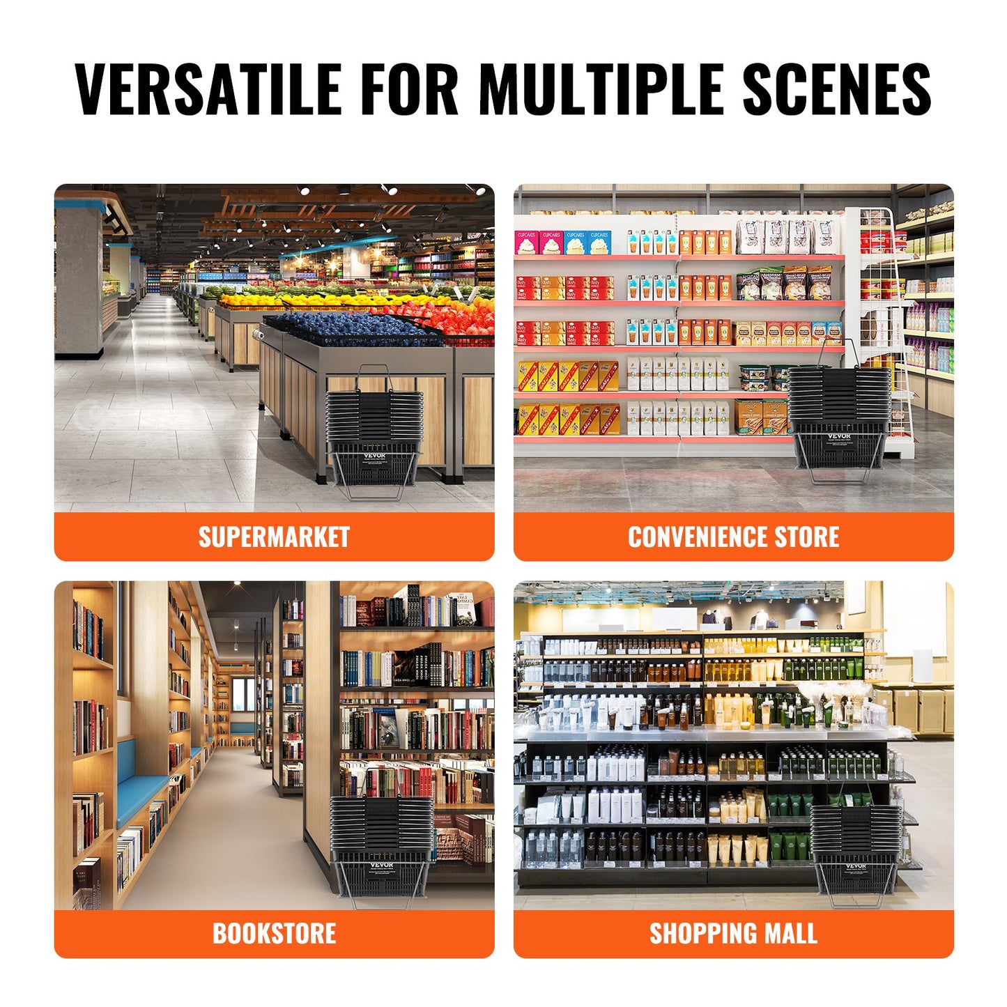 Einkaufskorb-Set, 12er-Pack, 21 l, robuster Kunststoffkorb mit Metallgriff und Ständer, 42,5 x 30,5 x 21,8 cm, tragbarer Einkaufskorb für Einzelhandel, Supermarkt, Lebensmitteleinkauf, Schwarz