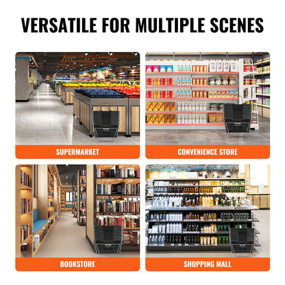 Einkaufskorb-Set, 12er-Pack, 21 l, robuster Kunststoffkorb mit Metallgriff und Ständer, 42,5 x 30,5 x 21,8 cm, tragbarer Einkaufskorb für Einzelhandel, Supermarkt, Lebensmitteleinkauf, Schwarz