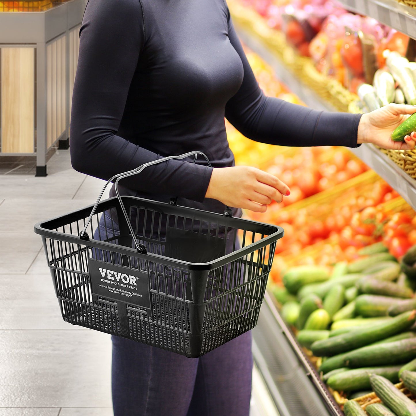 Einkaufskorb-Set, 12er-Pack, 21 l, robuster Kunststoffkorb mit Metallgriff und Ständer, 42,5 x 30,5 x 21,8 cm, tragbarer Einkaufskorb für Einzelhandel, Supermarkt, Lebensmitteleinkauf, Schwarz