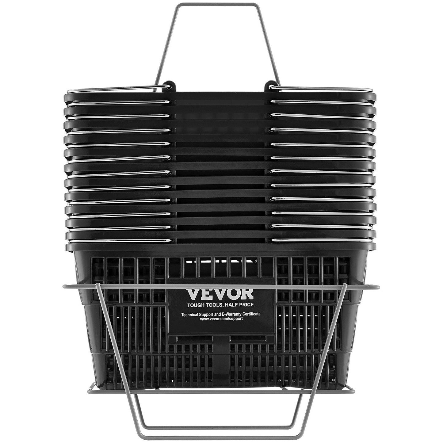 Einkaufskorb-Set, 12er-Pack, 21 l, robuster Kunststoffkorb mit Metallgriff und Ständer, 42,5 x 30,5 x 21,8 cm, tragbarer Einkaufskorb für Einzelhandel, Supermarkt, Lebensmitteleinkauf, Schwarz