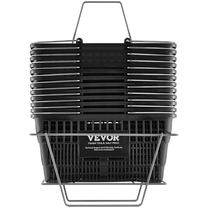 Einkaufskorb-Set, 12er-Pack, 21 l, robuster Kunststoffkorb mit Metallgriff und Ständer, 42,5 x 30,5 x 21,8 cm, tragbarer Einkaufskorb für Einzelhandel, Supermarkt, Lebensmitteleinkauf, Schwarz