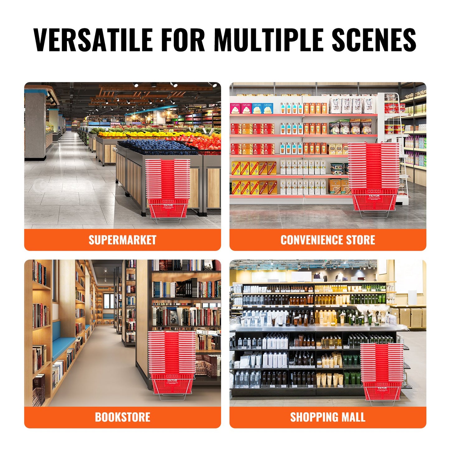 Einkaufskorb-Set, 20 Stück, 21 l, robuster Kunststoffkorb mit Griff und Ständer, 42 x 30 x 21 cm, tragbarer Einkaufskorb in großen Mengen, geeignet für Einzelhandel, Supermärkte und Lebensmitteleinkäufe, Rot