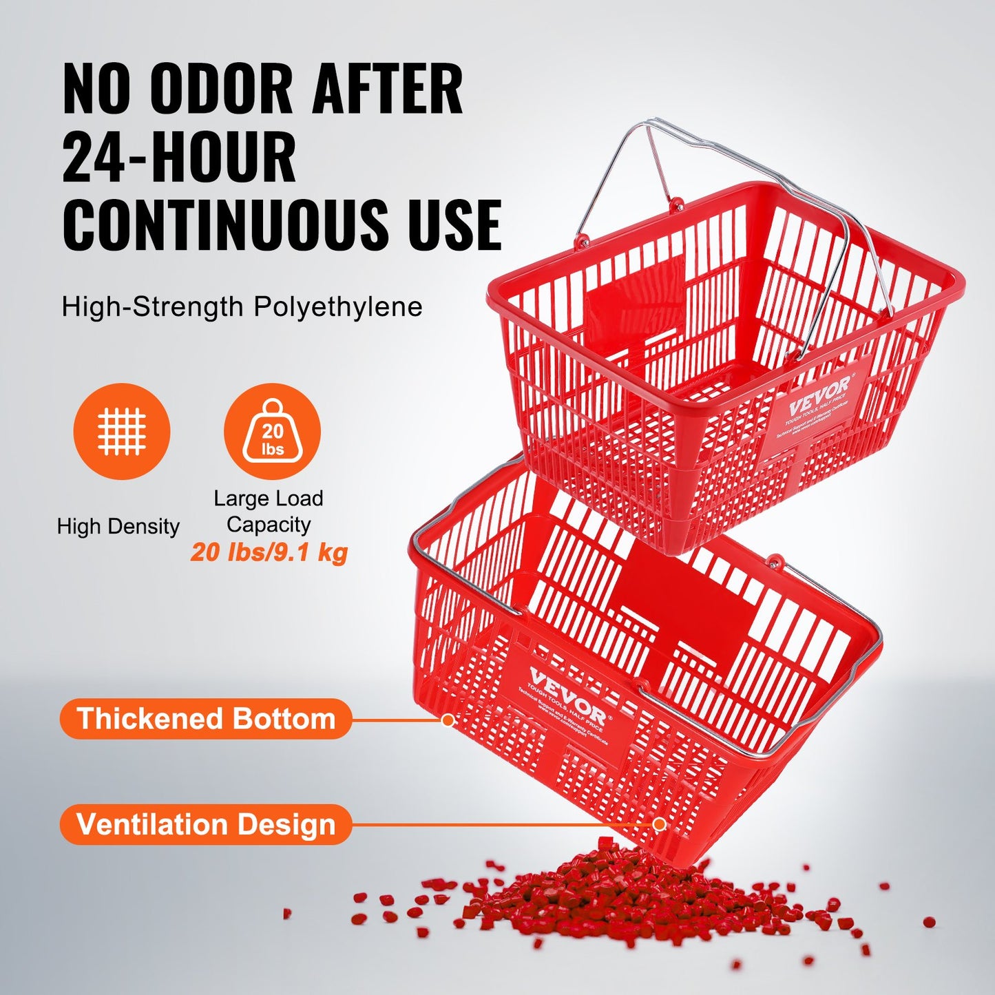 Einkaufskorb-Set, 12-teilig, 21 l, robuster Kunststoffkorb mit Metallgriff und Ständer, 42,5 x 30,5 x 21,8 cm, tragbarer Einkaufskorb für Einzelhandel, Supermarkt, Rot