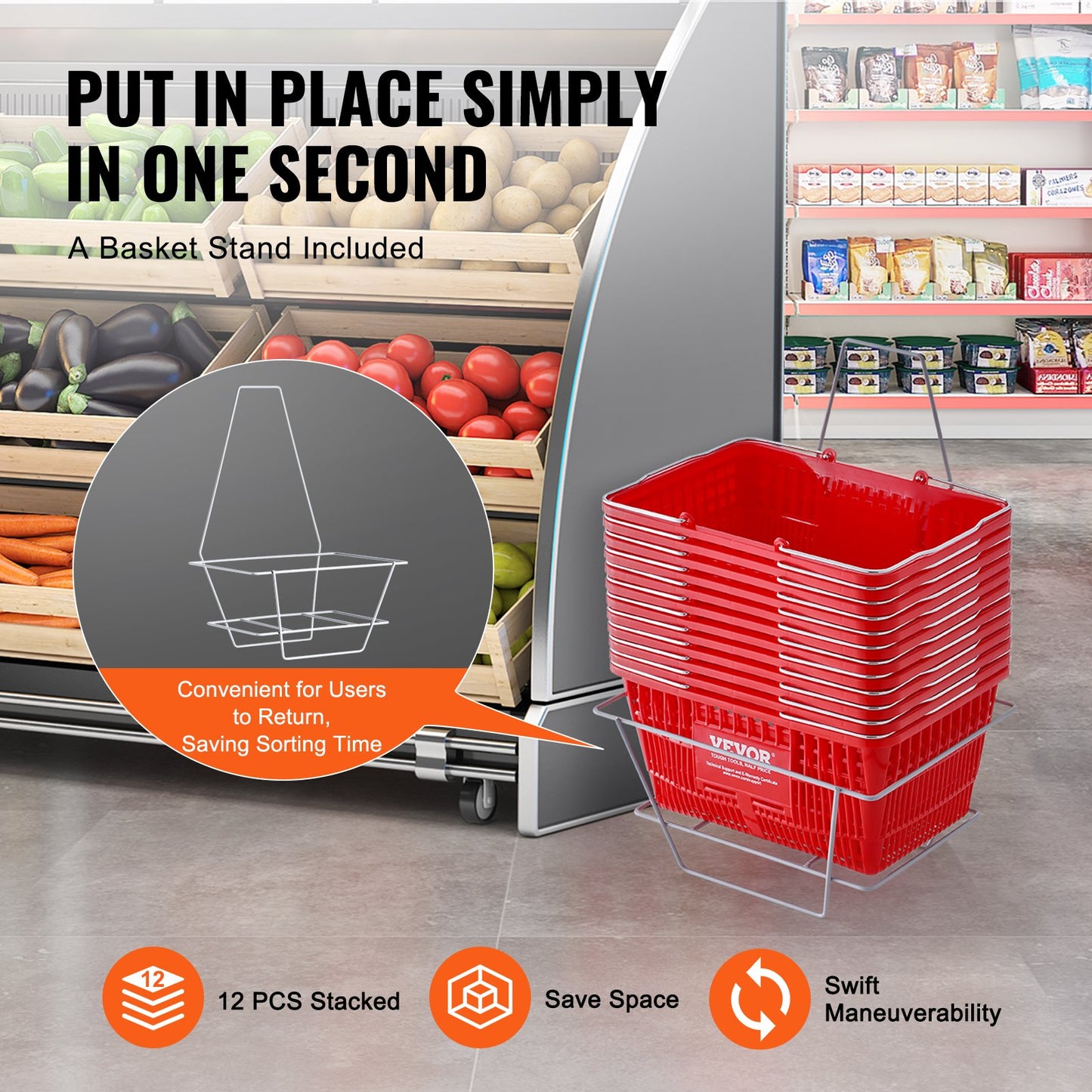 Einkaufskorb-Set, 12-teilig, 21 l, robuster Kunststoffkorb mit Metallgriff und Ständer, 42,5 x 30,5 x 21,8 cm, tragbarer Einkaufskorb für Einzelhandel, Supermarkt, Rot