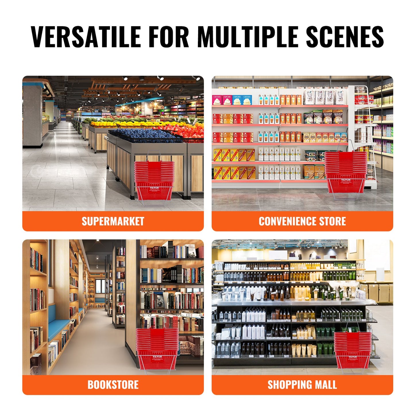 Einkaufskorb-Set, 12-teilig, 21 l, robuster Kunststoffkorb mit Metallgriff und Ständer, 42,5 x 30,5 x 21,8 cm, tragbarer Einkaufskorb für Einzelhandel, Supermarkt, Rot