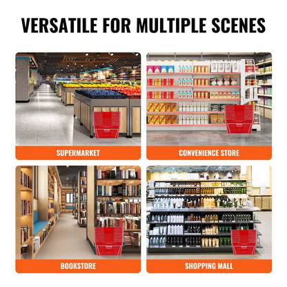 Einkaufskorb-Set, 12-teilig, 21 l, robuster Kunststoffkorb mit Metallgriff und Ständer, 42,5 x 30,5 x 21,8 cm, tragbarer Einkaufskorb für Einzelhandel, Supermarkt, Rot