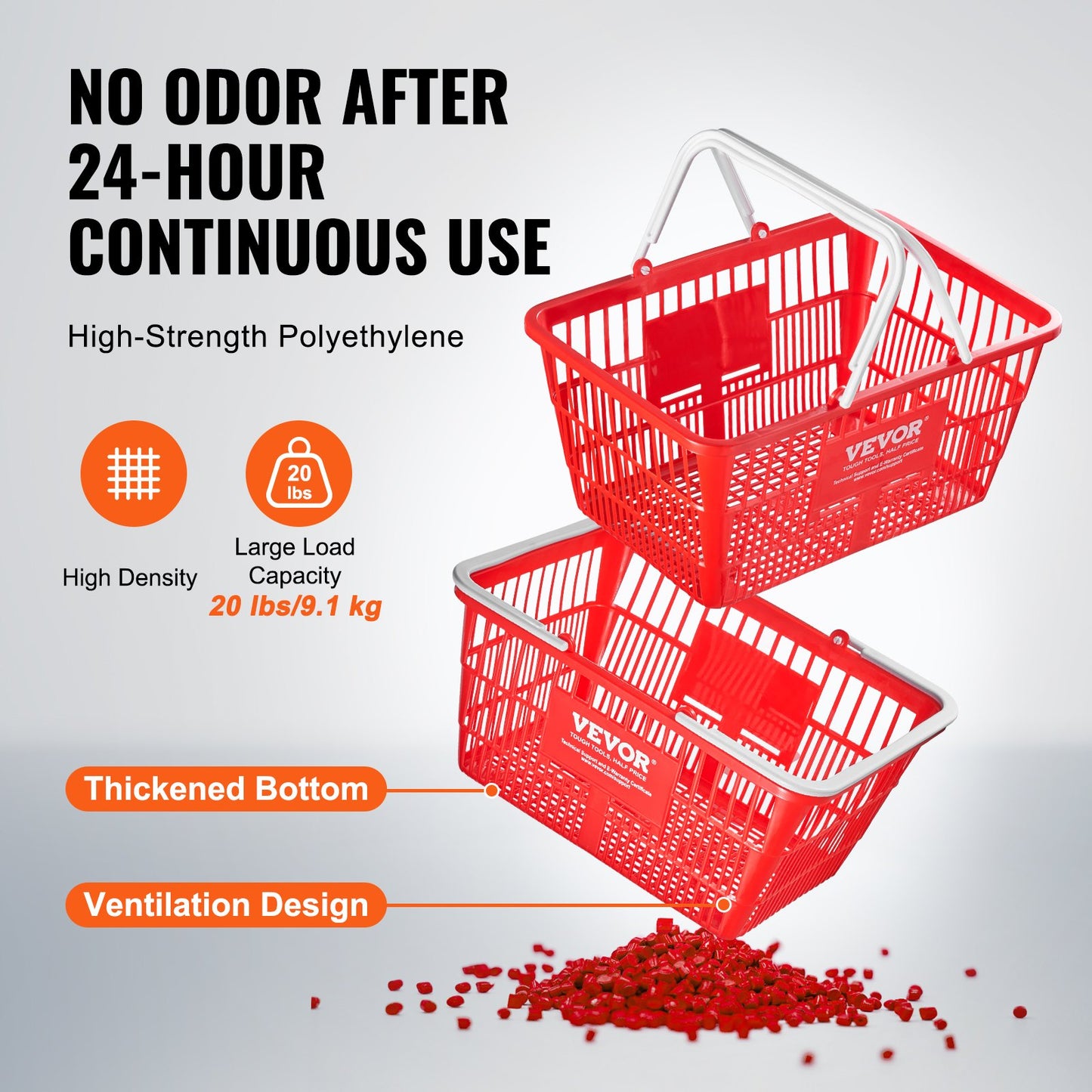 Shopping Basket, Set of 12, 21L Durable Plastic Grocery Basket with Handle and Stand, 16.5 x 11.8 x 8.27 inch Portable Shop Basket Bulk Used for Retail Store Supermarket Grocery Shopping, Red