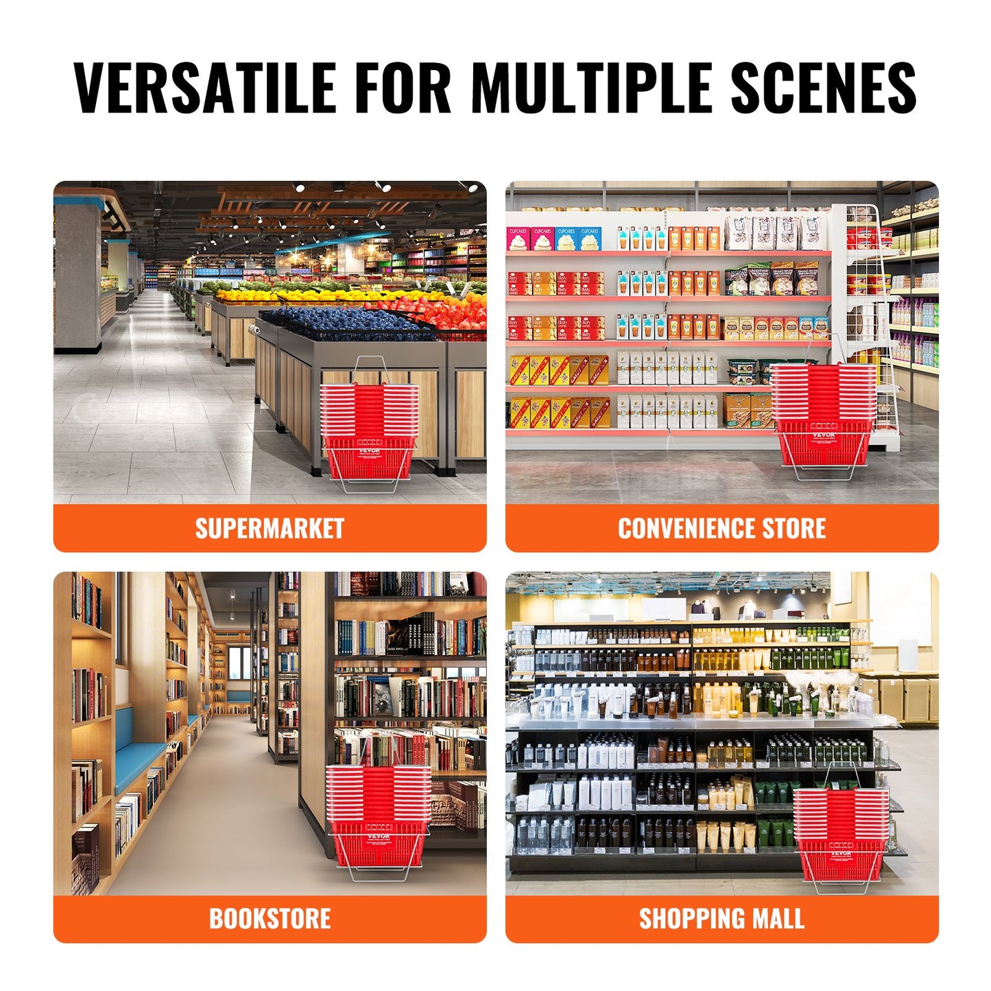 Shopping Basket, Set of 12, 21L Durable Plastic Grocery Basket with Handle and Stand, 16.5 x 11.8 x 8.27 inch Portable Shop Basket Bulk Used for Retail Store Supermarket Grocery Shopping, Red