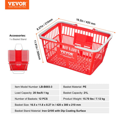 Shopping Basket, Set of 12, 21L Durable Plastic Grocery Basket with Handle and Stand, 16.5 x 11.8 x 8.27 inch Portable Shop Basket Bulk Used for Retail Store Supermarket Grocery Shopping, Red