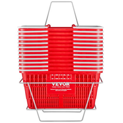 Shopping Basket, Set of 12, 21L Durable Plastic Grocery Basket with Handle and Stand, 16.5 x 11.8 x 8.27 inch Portable Shop Basket Bulk Used for Retail Store Supermarket Grocery Shopping, Red