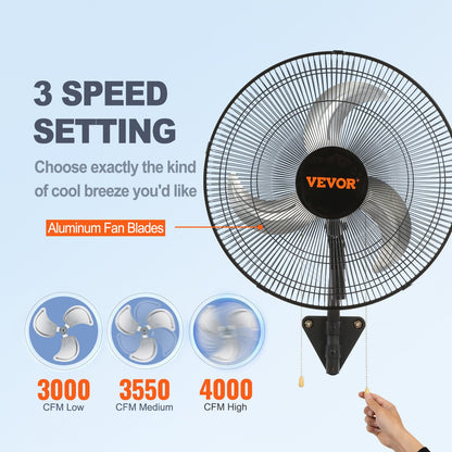 Wall Fan, 17.5 inch Wall Fan 4000 CFM, 3 Speeds, Residential and Commercial Fan for Cooling Warehouses, Greenhouses, Workshops, Patios and Basements, Black