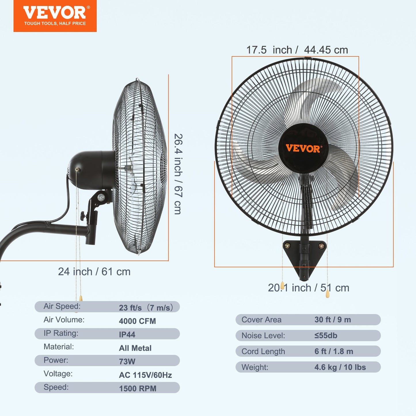 Wall Fan, 17.5 inch Wall Fan 4000 CFM, 3 Speeds, Residential and Commercial Fan for Cooling Warehouses, Greenhouses, Workshops, Patios and Basements, Black