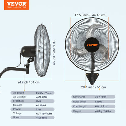 Wall Fan, 17.5 inch Wall Fan 4000 CFM, 3 Speeds, Residential and Commercial Fan for Cooling Warehouses, Greenhouses, Workshops, Patios and Basements, Black