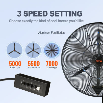 Mist Fan, 24.2 inch Oscillating Waterproof Fan, 3 Speeds, 7000 CFM, Commercial or Residential Fan for Cooling Warehouse, Greenhouse, Workshop