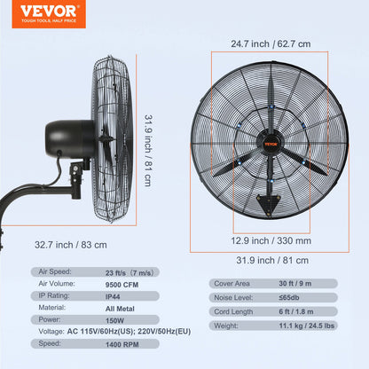 Mist Fan, 29.5 inch Waterproof Industrial Fan, 3 Speeds, 9500 CFM, Commercial or Residential Fan for Cooling Warehouse, Greenhouse, Workshop