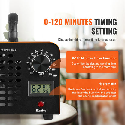 Ozongenerator, 12000 mg/h Ozongerät zur Geruchsbeseitigung, Hochleistungs-Ozongenerator für Gewerbe/Industrie, Luftionisator und Geruchsneutralisierer für Zuhause mit 0-120 Minuten Zeiteinstellung für Räume, Autos, Haustiere