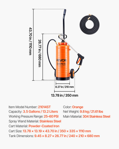 Industrielles Betonspritzgerät mit Rollwagen, 14-Liter-Edelstahl-Sprühgerät, Hochleistungs-Tri-Poxy-Pumpenspritze, 52-cm-Sprühlanze, 1,2-m- und 3-m-Schläuche, 2 Messingdüsen für Bauwesen, Gartenarbeit und Landschaftspflege