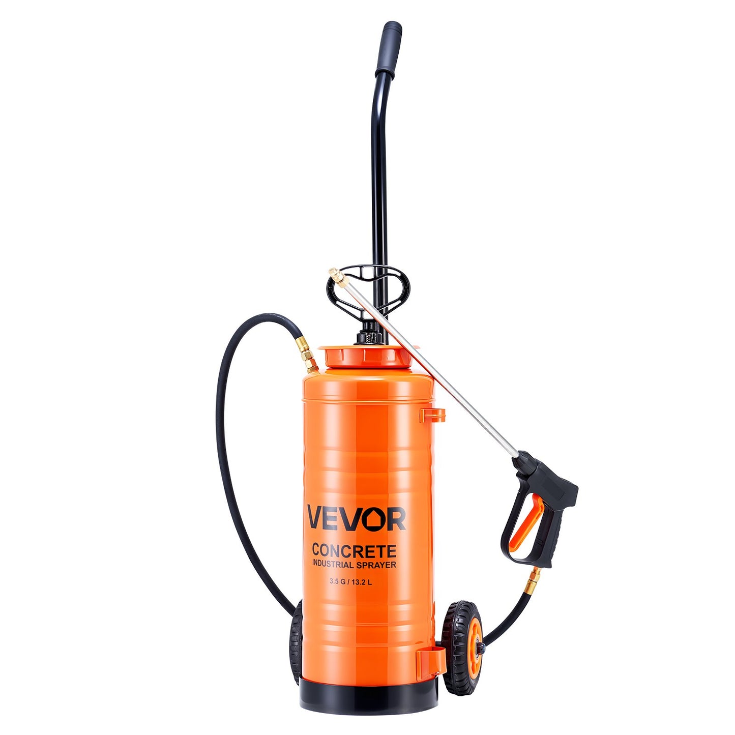 Industrielles Betonspritzgerät mit Rollwagen, 14-Liter-Edelstahl-Sprühgerät, Hochleistungs-Tri-Poxy-Pumpenspritze, 52-cm-Sprühlanze, 1,2-m- und 3-m-Schläuche, 2 Messingdüsen für Bauwesen, Gartenarbeit und Landschaftspflege