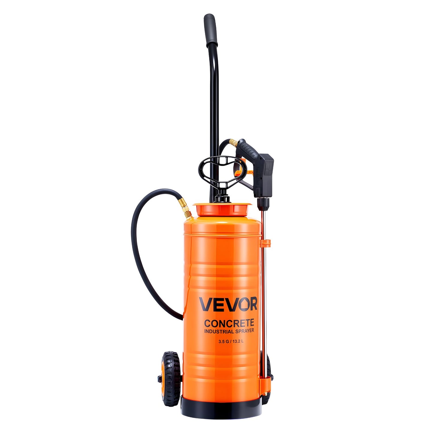 Industrielles Betonspritzgerät mit Rollwagen, 14-Liter-Edelstahl-Sprühgerät, Hochleistungs-Tri-Poxy-Pumpenspritze, 52-cm-Sprühlanze, 1,2-m- und 3-m-Schläuche, 2 Messingdüsen für Bauwesen, Gartenarbeit und Landschaftspflege