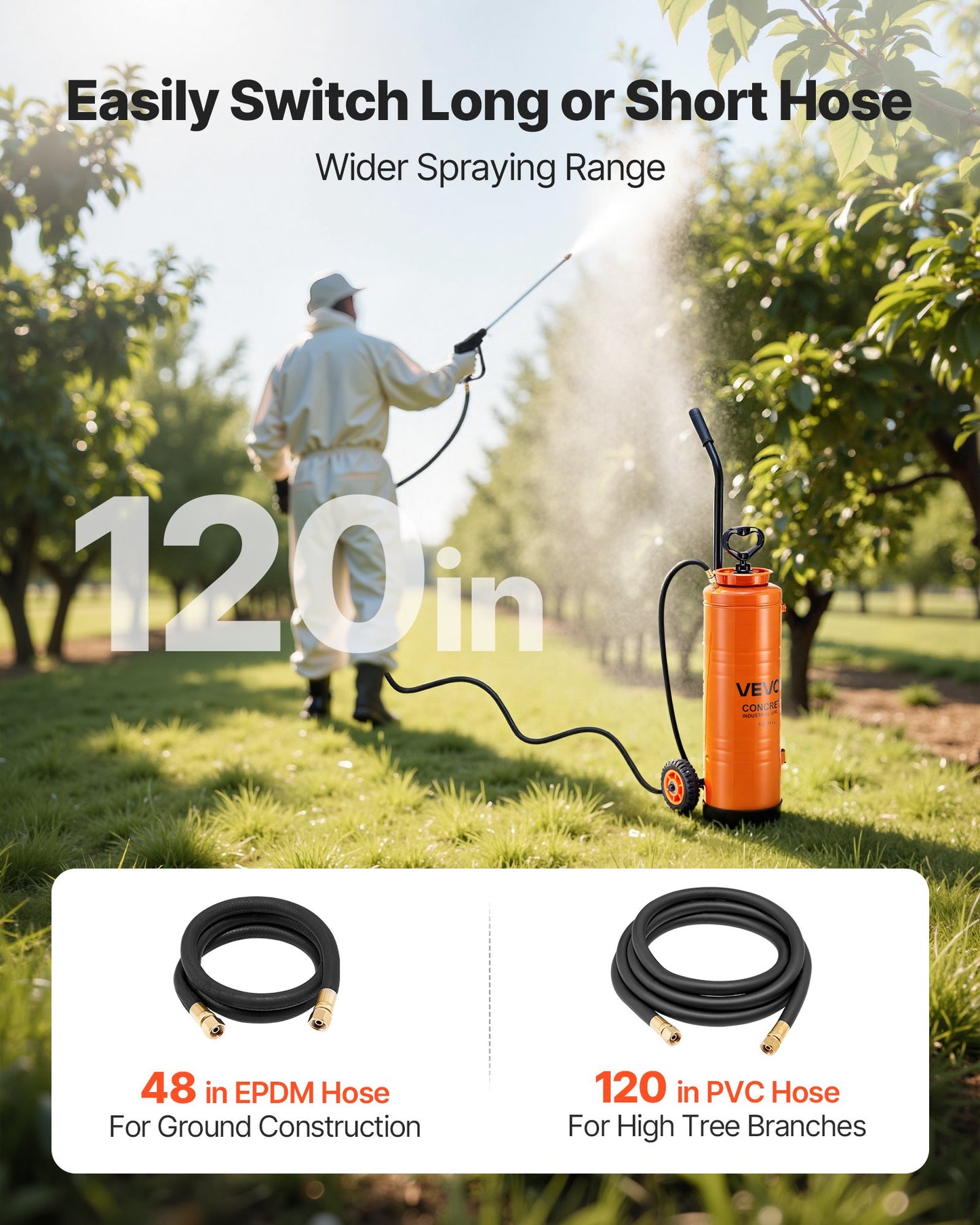 Industrial Concrete Sprayer with Wheeled Cart, 19L Stainless Steel Sprayer, Heavy Duty Tri-Poxy Pump Sprayers, 52cm Wand, 1.2m & 3m Hoses, 2 Brass Nozzles for Construction, Lawn & Garden