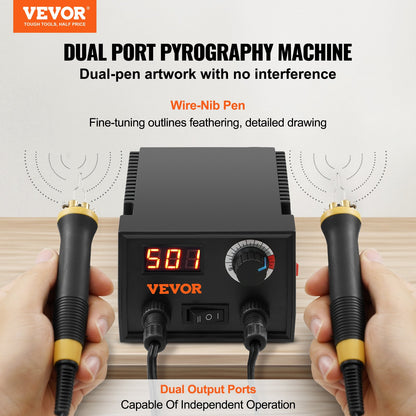 Wood Burning Kit, 200~700°C Adjustable Temperature with Display, Dual Output Port with 2 Pyrography Pens, 23 Wire Nibs, 1 Pen Holder, 4 Wood Chip, 1 Screwdriver, 1 Tweezers, 1 Knife, 1 Sponge
