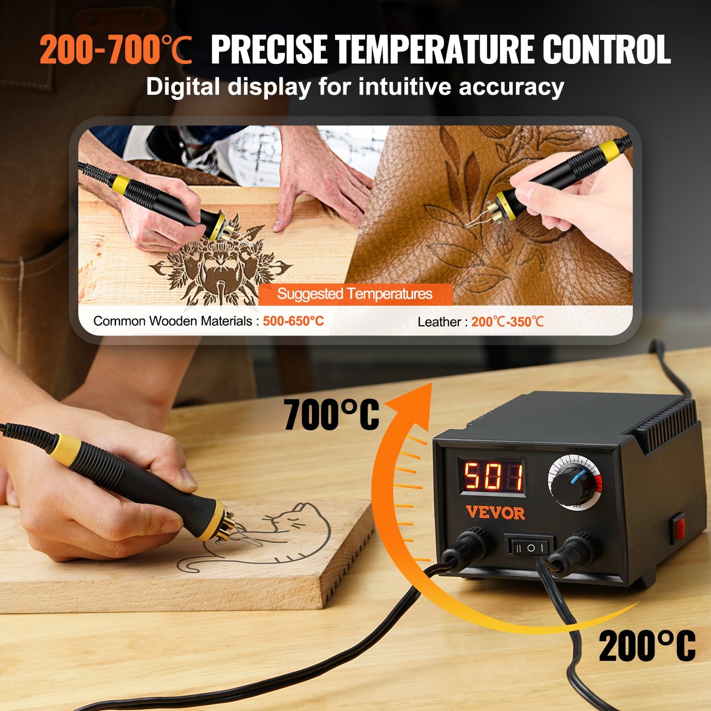 Wood Burning Kit, 200~700°C Adjustable Temperature with Display, Dual Output Port with 2 Pyrography Pens, 23 Wire Nibs, 1 Pen Holder, 4 Wood Chip, 1 Screwdriver, 1 Tweezers, 1 Knife, 1 Sponge