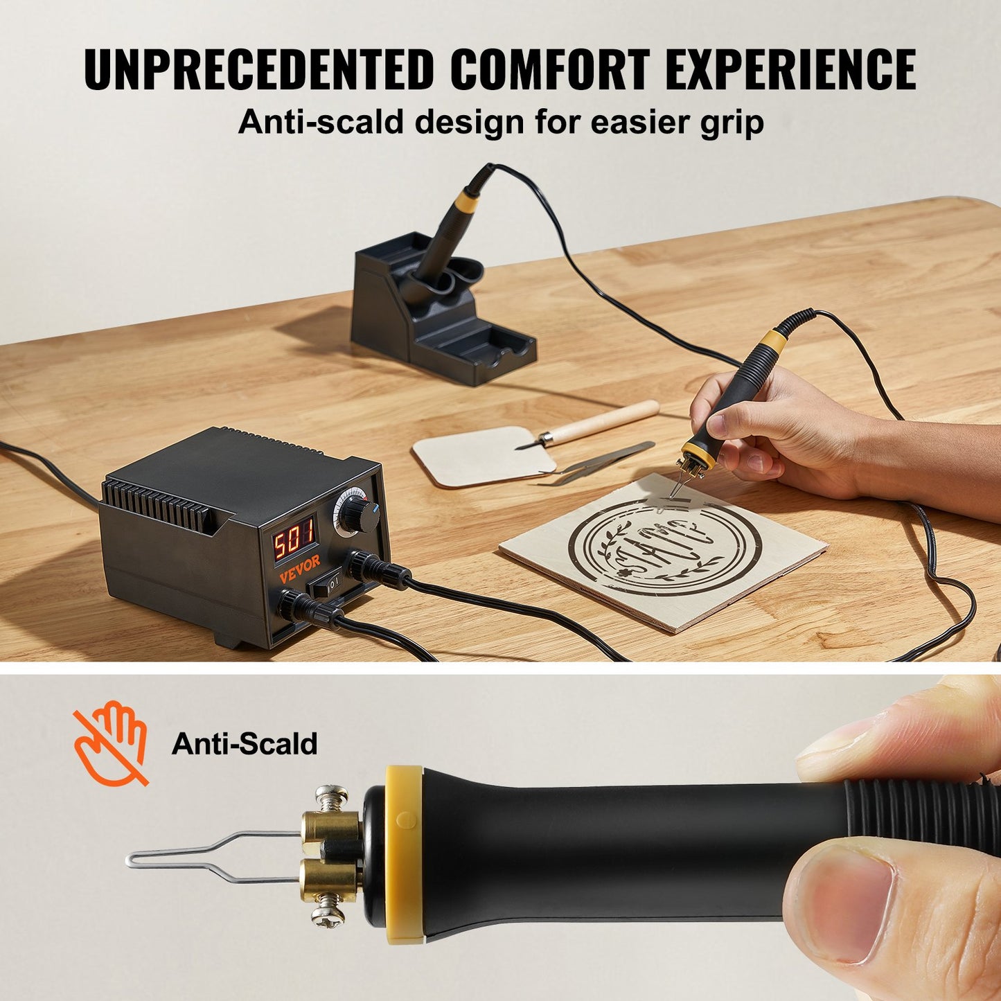 Wood Burning Kit, 200~700°C Adjustable Temperature with Display, Dual Output Port with 2 Pyrography Pens, 23 Wire Nibs, 1 Pen Holder, 4 Wood Chip, 1 Screwdriver, 1 Tweezers, 1 Knife, 1 Sponge