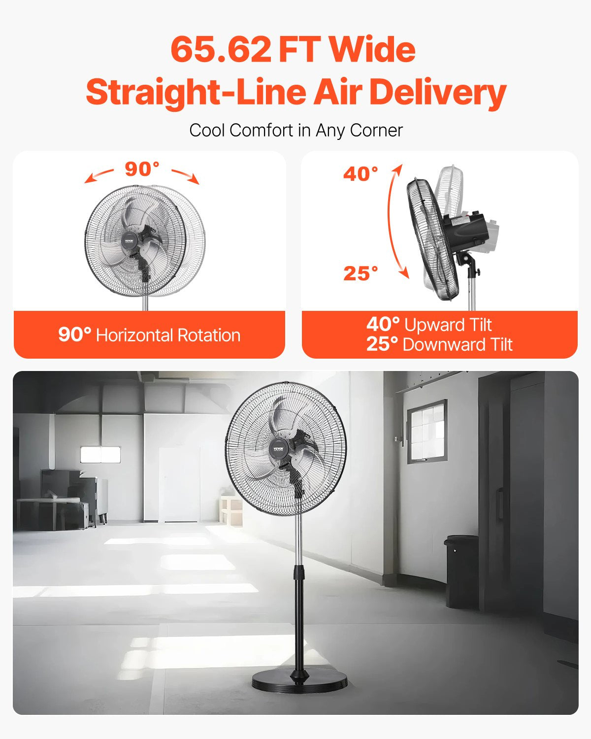 Industrieller Standventilator, 50 cm (20 Zoll), 90°-Oszillation, höhenverstellbar, 3 Geschwindigkeitsstufen, leistungsstark, für Schlafzimmer, Wohnzimmer, Zuhause, Büro, Schwarz