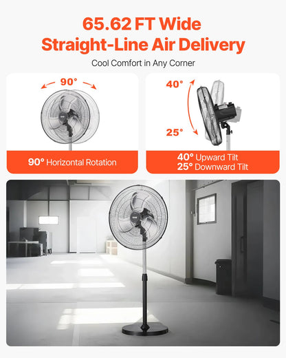Industrieller Standventilator, 50 cm (20 Zoll), 90°-Oszillation, höhenverstellbar, 3 Geschwindigkeitsstufen, leistungsstark, für Schlafzimmer, Wohnzimmer, Zuhause, Büro, Schwarz