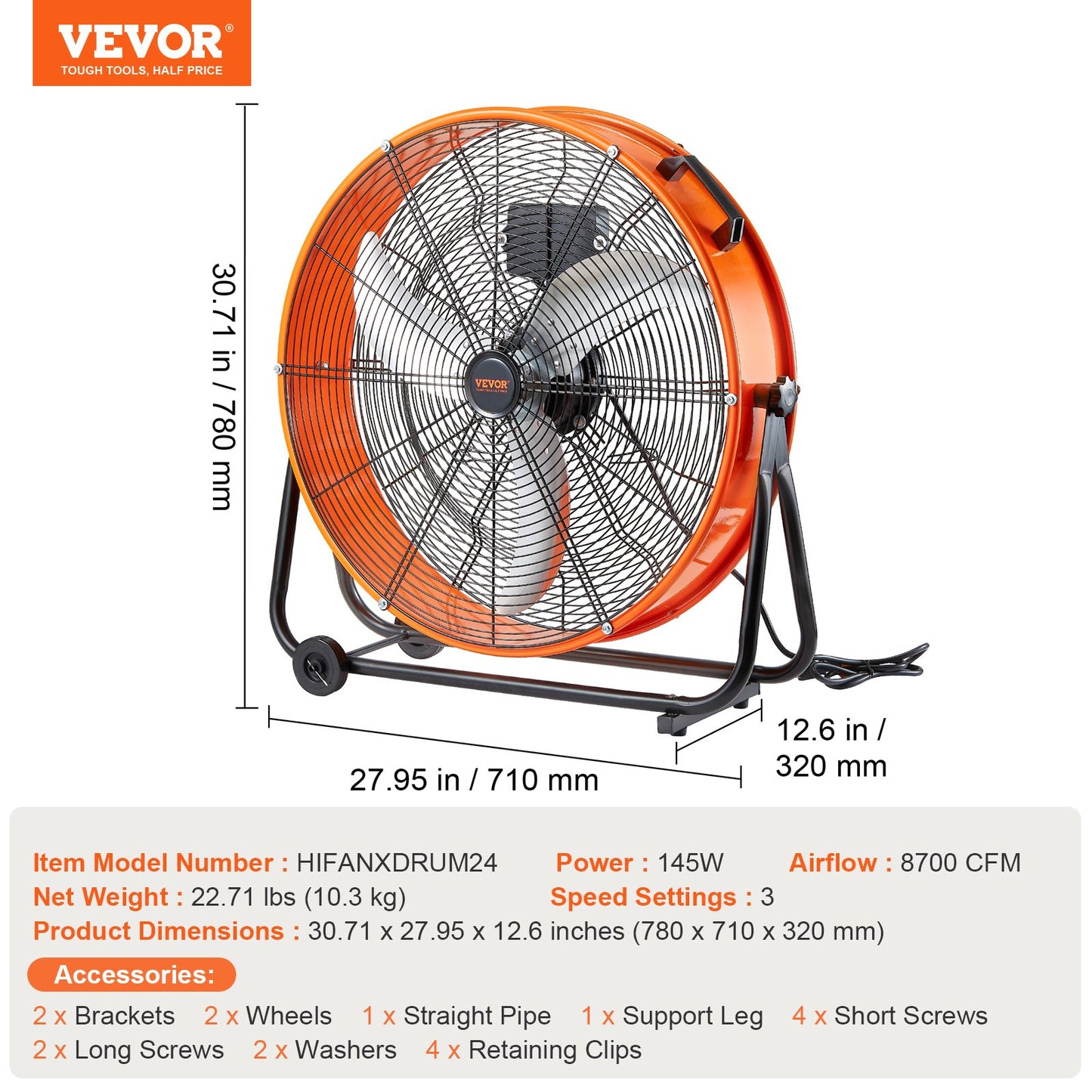 Drum Fan, 24 Inch High Velocity Industrial Shop Fan, Heavy Duty Commercial Use 3-Speed 8600CFM, 360°Adjustable Tilting,0-2h Timer Industrial Floor Fan for Warehouse,Workshop,Factory, Basement