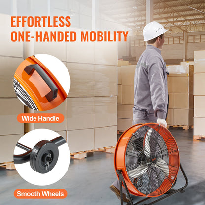 Drum Fan, 24 Inch High Velocity Industrial Shop Fan, Heavy Duty Commercial Use Infinitely Variable Speed 7935CFM,360°Adjustable Tilting Industrial Floor Fan for Warehouse,Workshop,Factory