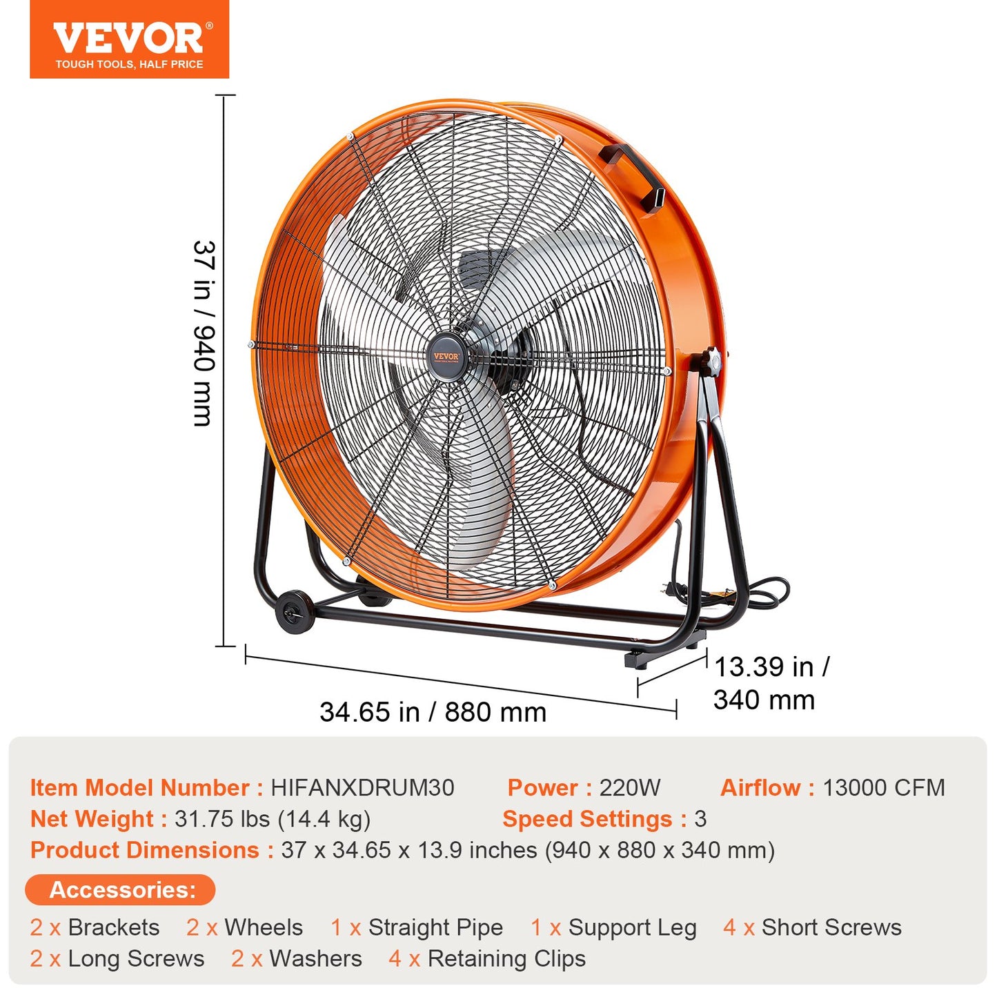 Drum Fan, 30 Inch High Velocity Industrial Shop Fan, Heavy Duty Commercial Use 3-Speed 13000CFM, 360°Adjustable Tilting Industrial Floor Fan for Warehouse,Workshop,Factory, Basement