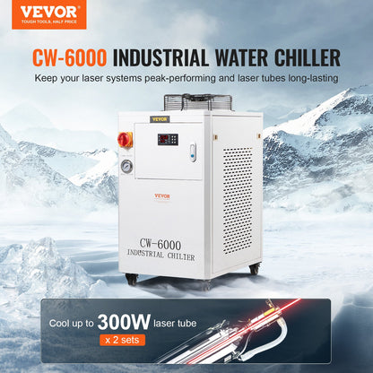 Industrial Water Chiller, CW6000, 1500W Industrial Water Cooler Cooling System with Compressor 15L Water Tank Capacity 65 L/min Max Flow Rate, for CO2 Laser Engraving Machine Cooling Machine