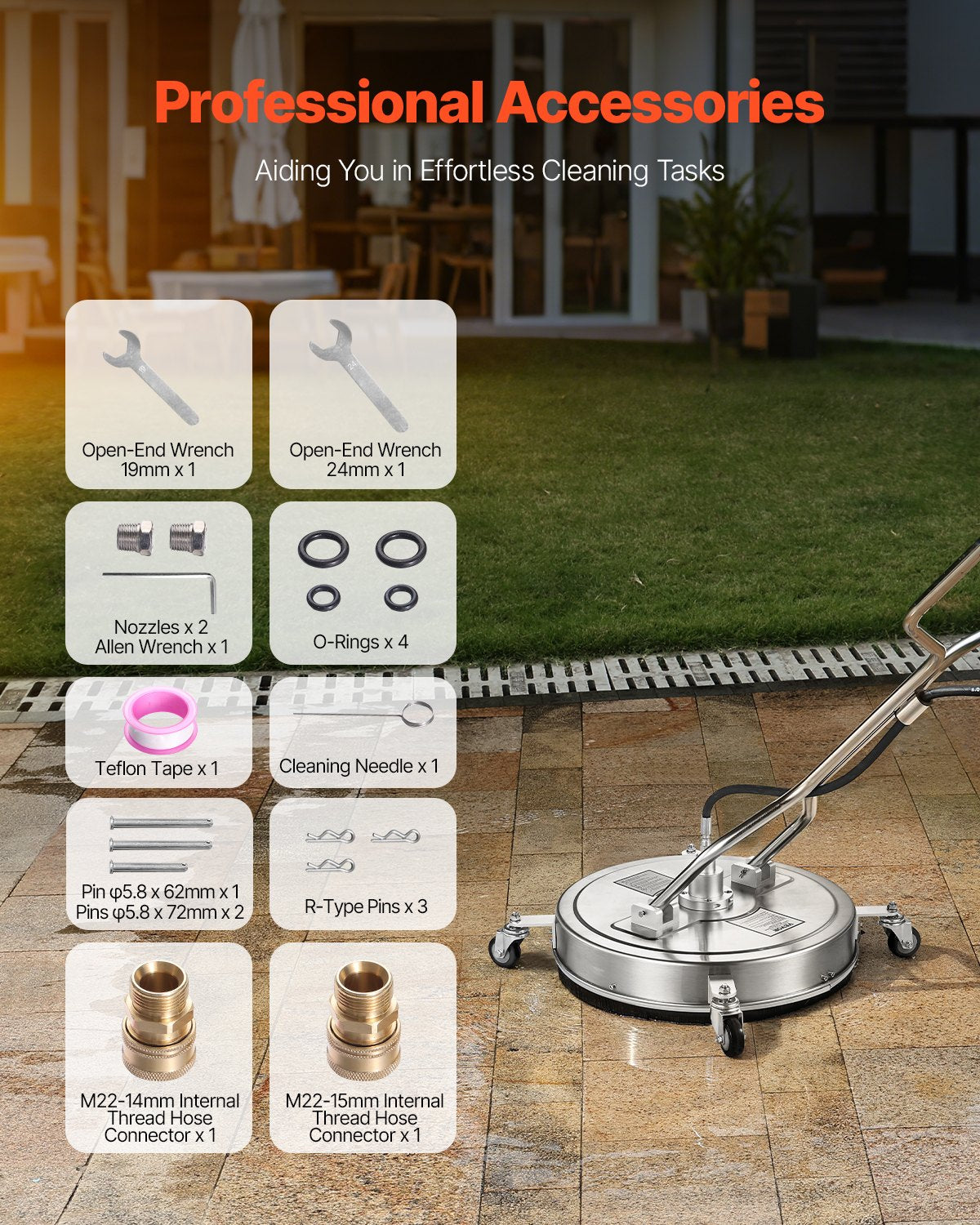 22-Zoll-Hochdruckreiniger für Flächen, Edelstahl-Aufsätze mit 4 Rädern, max. 4500 PSI, 3/8-Zoll-Schnellanschluss, 2 Sprühdüsen, Doppelgriff, für Beton, Terrasse und Gehweg