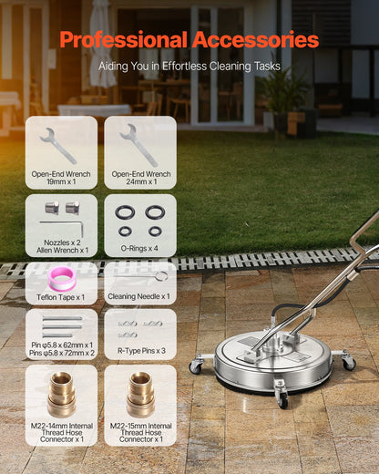 22-Zoll-Hochdruckreiniger für Flächen, Edelstahl-Aufsätze mit 4 Rädern, max. 4500 PSI, 3/8-Zoll-Schnellanschluss, 2 Sprühdüsen, Doppelgriff, für Beton, Terrasse und Gehweg