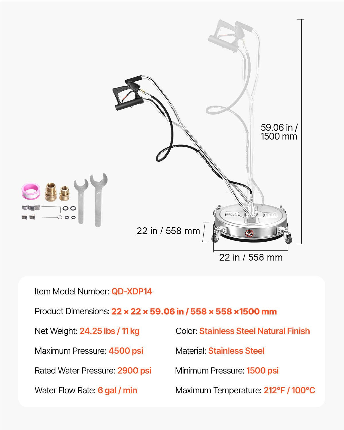 22-Zoll-Hochdruckreiniger für Flächen, Edelstahl-Aufsätze mit 4 Rädern, max. 4500 PSI, 3/8-Zoll-Schnellanschluss, 2 Sprühdüsen, Doppelgriff, für Beton, Terrasse und Gehweg