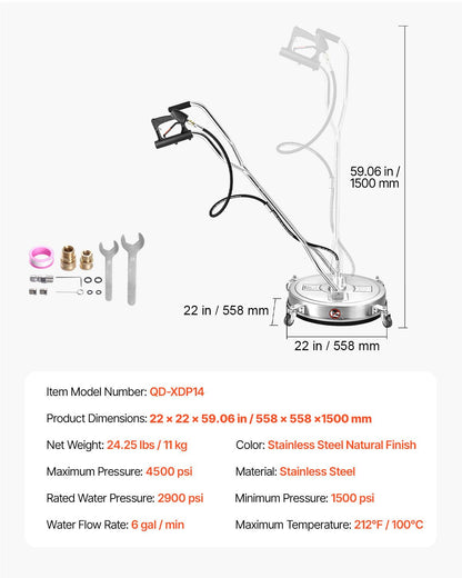 22-Zoll-Hochdruckreiniger für Flächen, Edelstahl-Aufsätze mit 4 Rädern, max. 4500 PSI, 3/8-Zoll-Schnellanschluss, 2 Sprühdüsen, Doppelgriff, für Beton, Terrasse und Gehweg