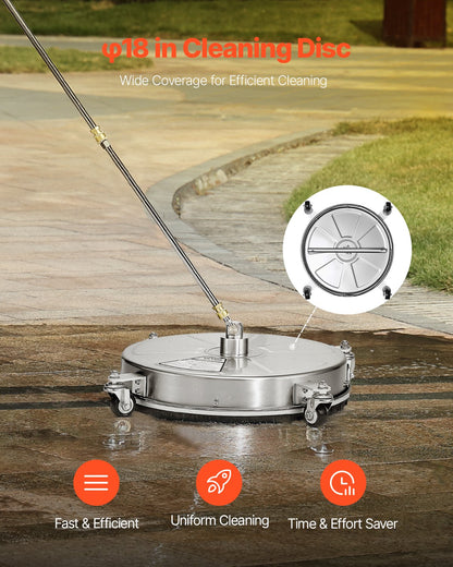 18" Pressure Washer Surface Cleaner, Stainless Steel Pressure Washer Attachments with 4 Wheels, 4000 Max PSI, 1/4 Quick Connector, 2 Spray Nozzles, 2 Extended Wands for Concrete, Patio, Deck