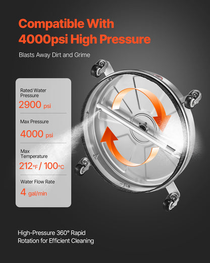 18" Pressure Washer Surface Cleaner, Stainless Steel Pressure Washer Attachments with 4 Wheels, 4000 Max PSI, 1/4 Quick Connector, 2 Spray Nozzles, 2 Extended Wands for Concrete, Patio, Deck